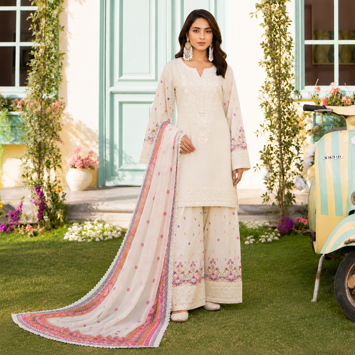 Women’s 3-Piece Printed & Embroidered Suit – Mint Green & Off-White
