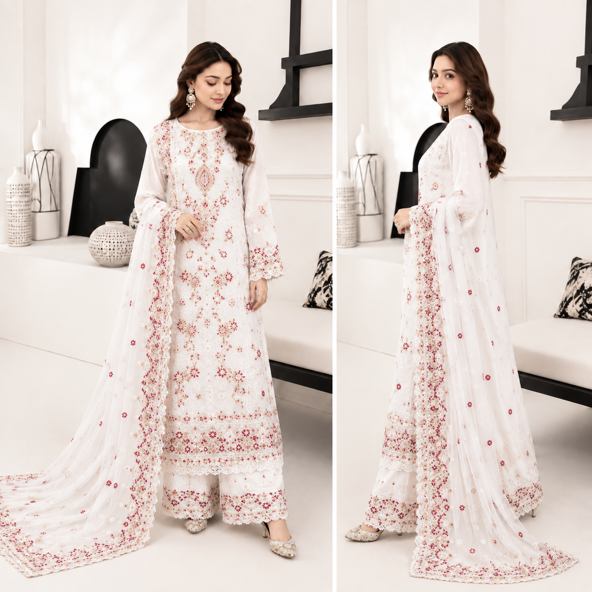 Women’s White 3-Piece Embroidered Suit – Red Floral Embroidery with Chiffon Dupatta