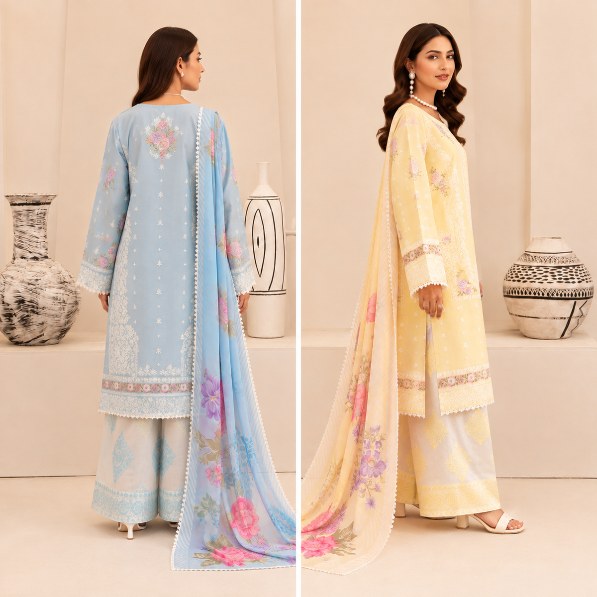 Embroidered 3-Piece Lawn Suit with Floral Dupatta