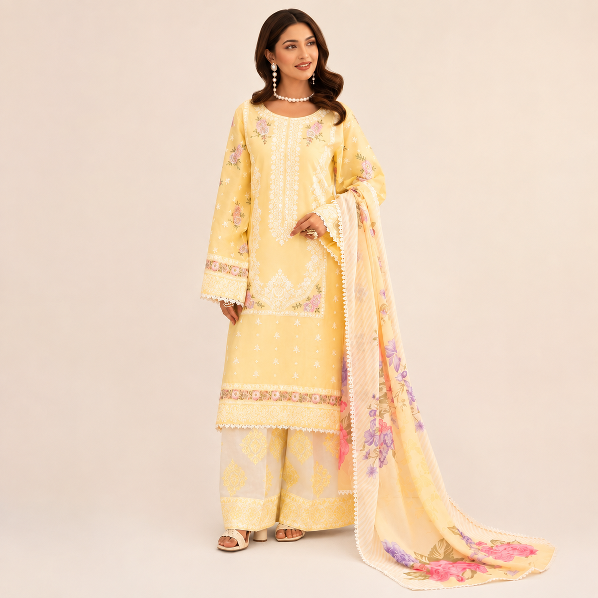 Embroidered 3-Piece Lawn Suit with Floral Dupatta