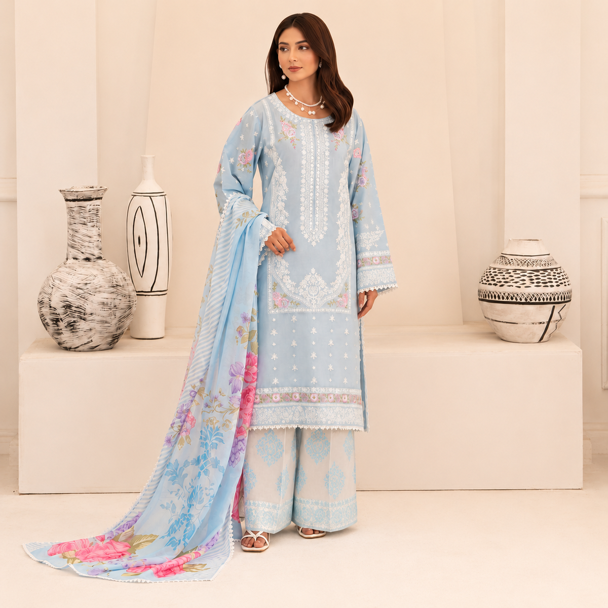 Embroidered 3-Piece Lawn Suit with Floral Dupatta