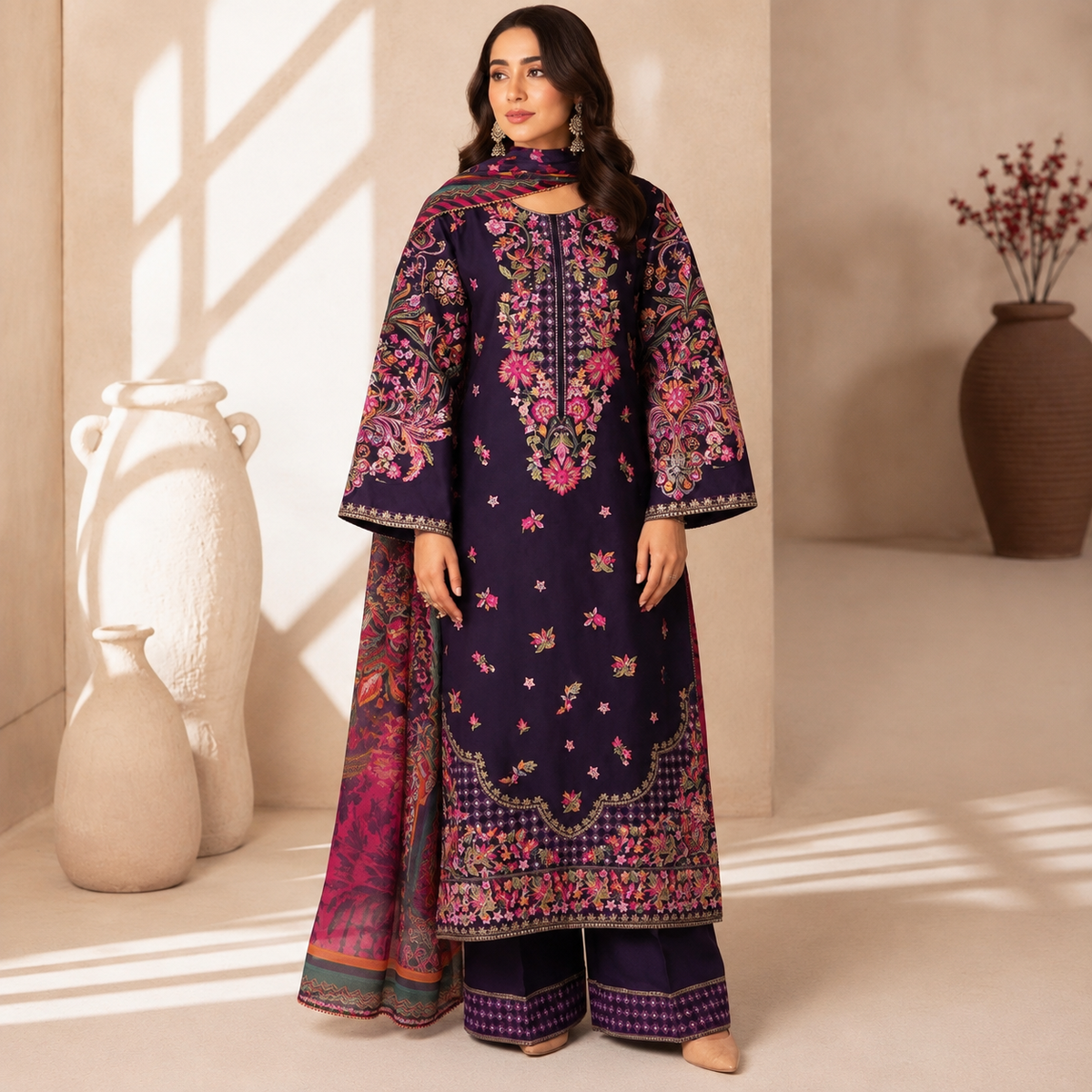 Women’s 3-Piece Printed Suit – Multicolor Floral Kameez, Trouser & Dupatta