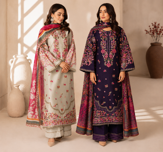 Women’s 3-Piece Printed Suit – Multicolor Floral Kameez, Trouser & Dupatta