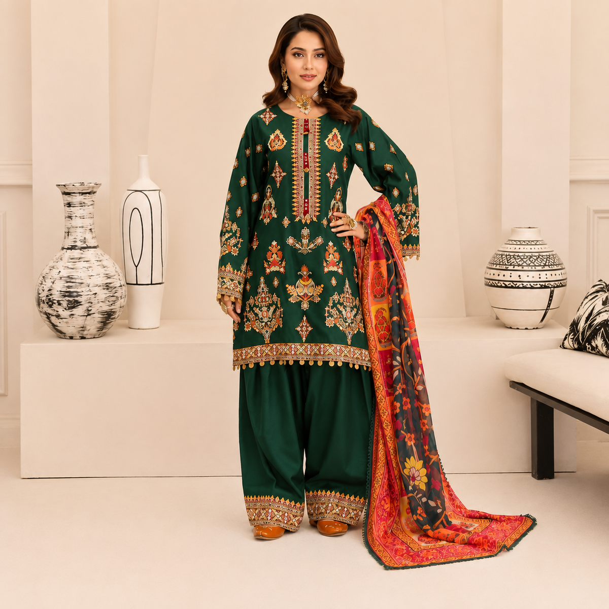 Women’s 3-Piece Embroidered Lawn Suit – Printed Shirt, Trouser & Dupatta