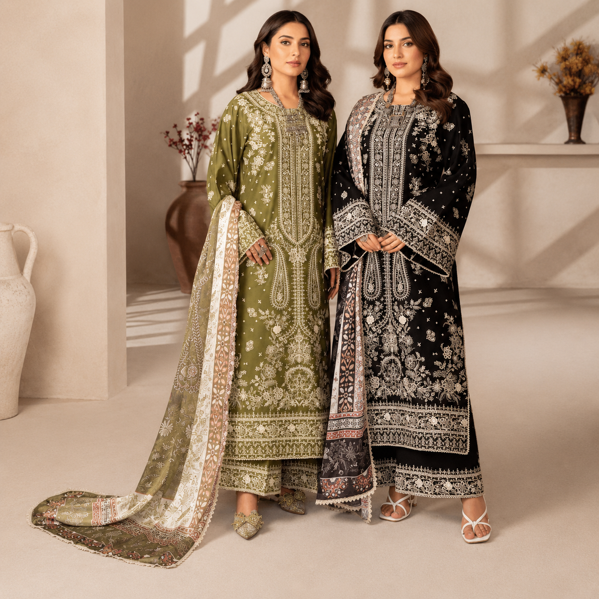 Olive Green & Black Embroidered 3-Piece Lawn Suit