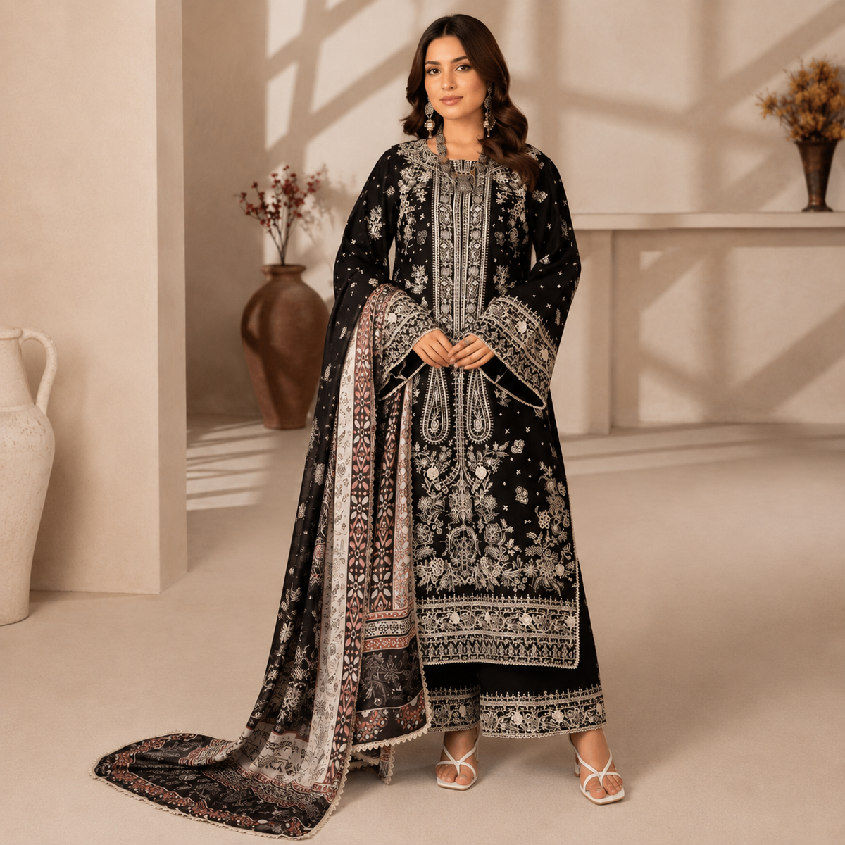 Olive Green & Black Embroidered 3-Piece Lawn Suit