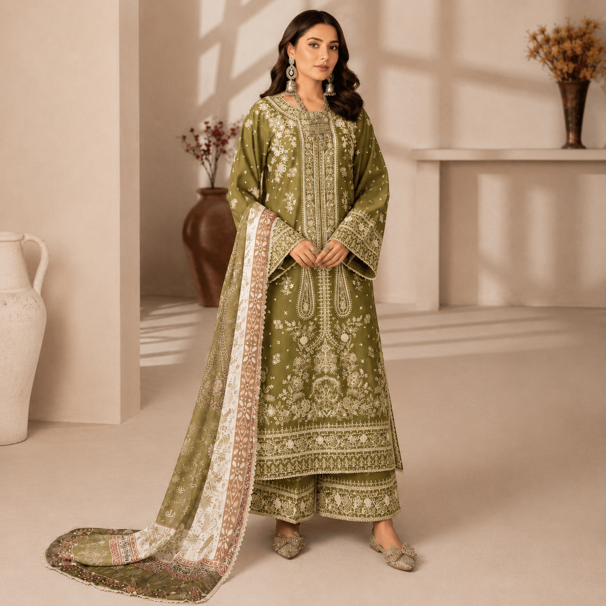 Olive Green & Black Embroidered 3-Piece Lawn Suit