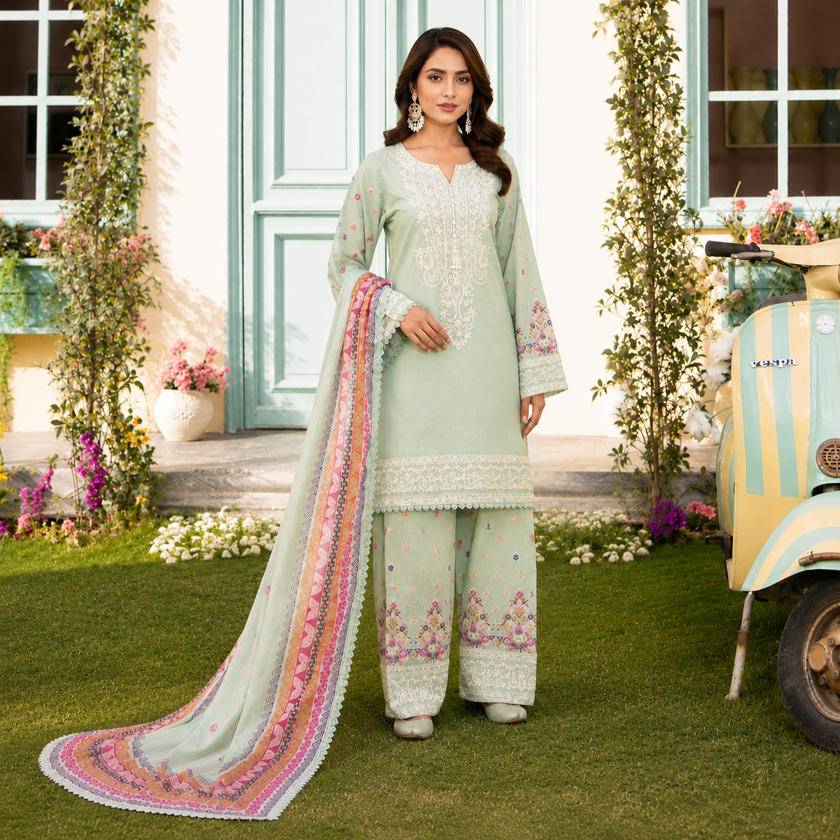 Women’s 3-Piece Printed & Embroidered Suit – Mint Green & Off-White