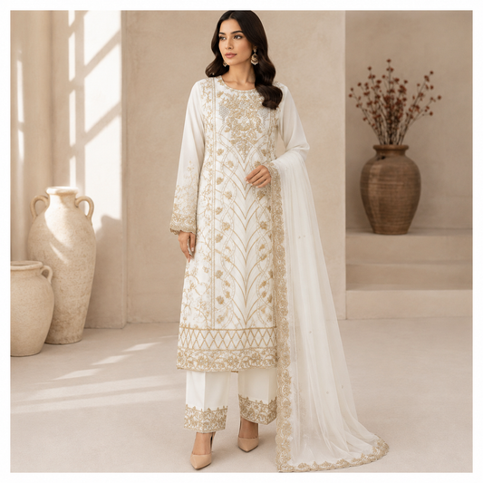 Women’s 3-Piece White Embroidered Suit – Gold Embroidery with Chiffon Dupatta
