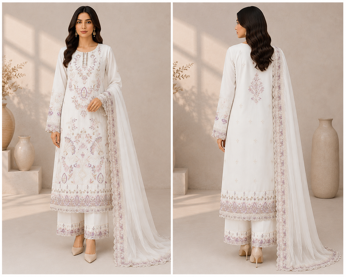 Women’s 3-Piece White Embroidered Suit – Pastel Floral Embroidery with Dupatta