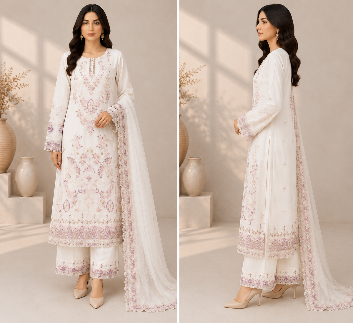 Women’s 3-Piece White Embroidered Suit – Pastel Floral Embroidery with Dupatta