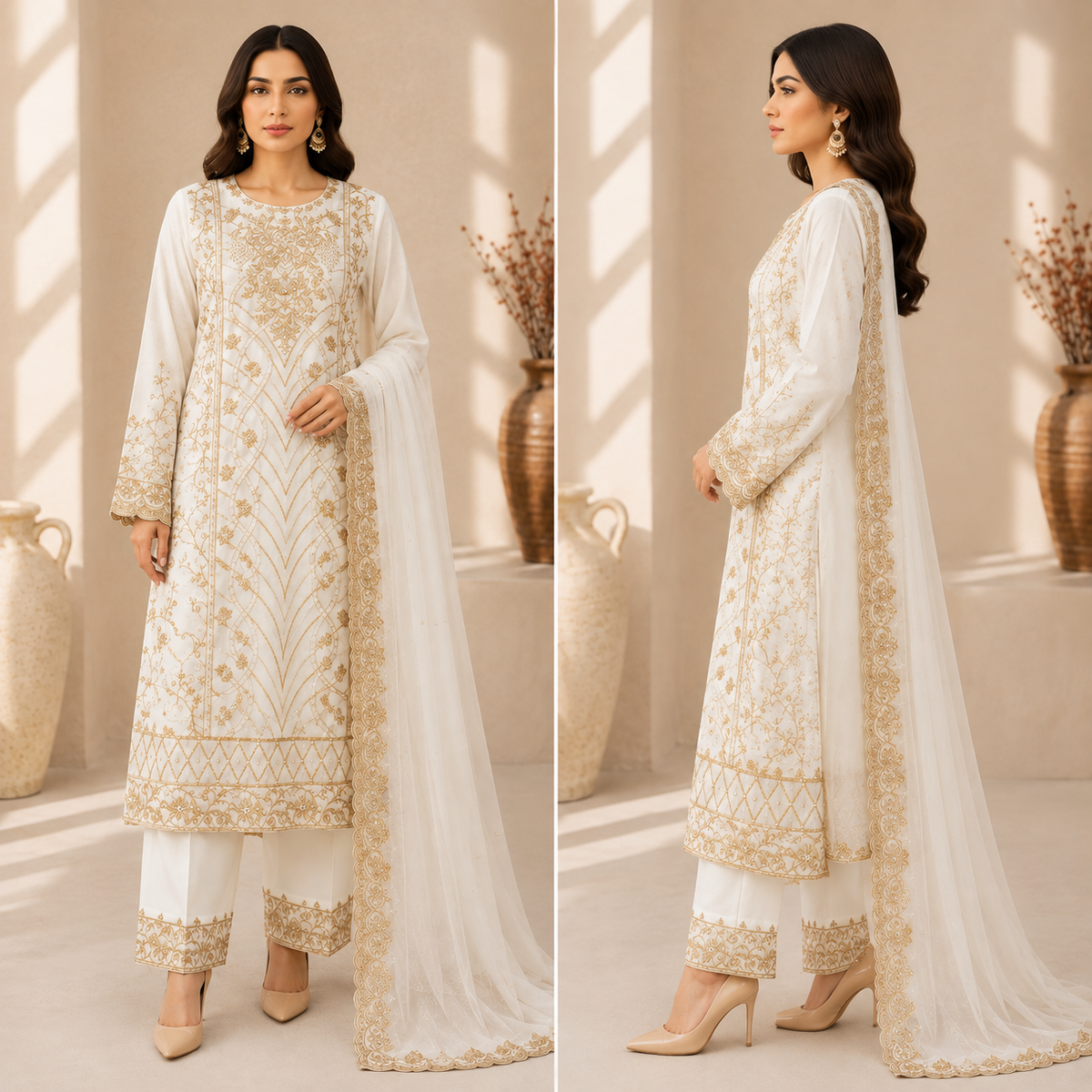 Women’s White 3-Piece Embroidered Suit – Golden Embroidery with Chiffon Dupatta