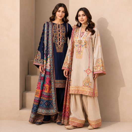 Navy Blue & Beige Printed 3-Piece Pakistani Suit