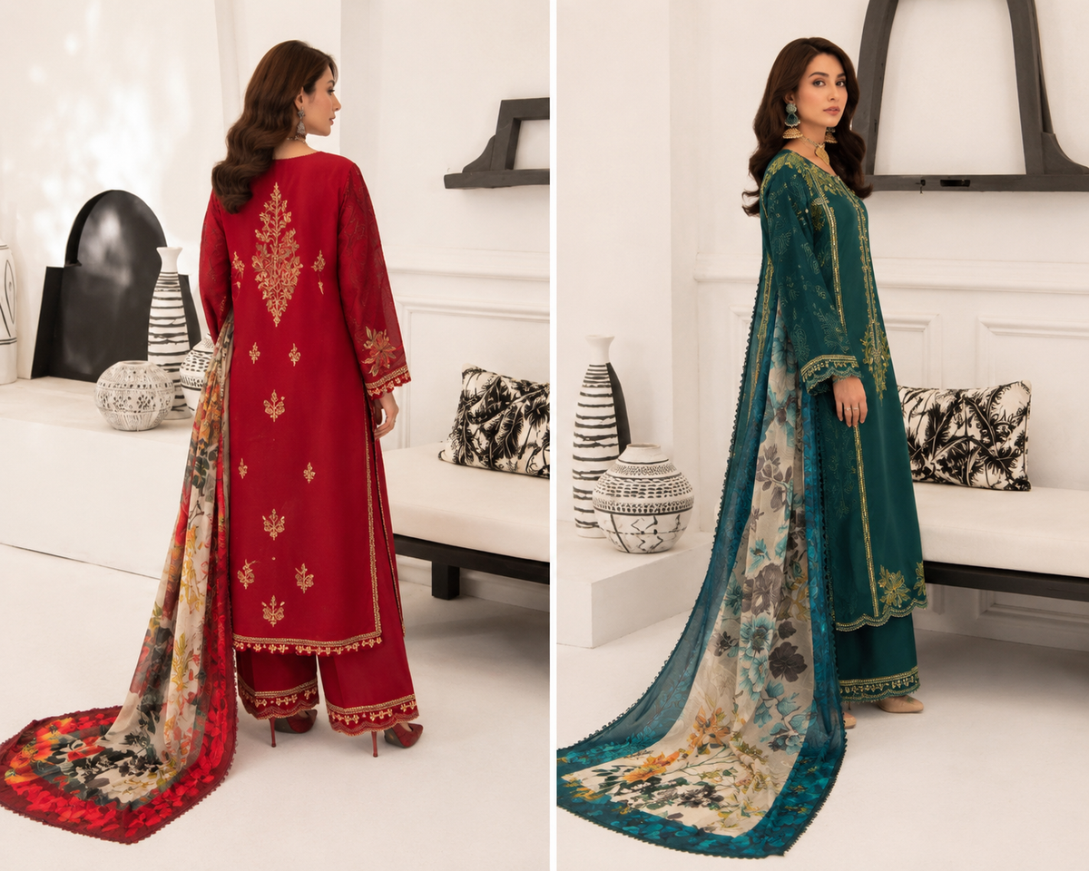 Women’s Teal Green Embroidered 3-Piece Pakistani Suit with Floral Dupatta