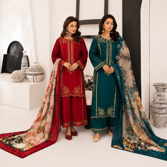 Women’s Teal Green Embroidered 3-Piece Pakistani Suit with Floral Dupatta