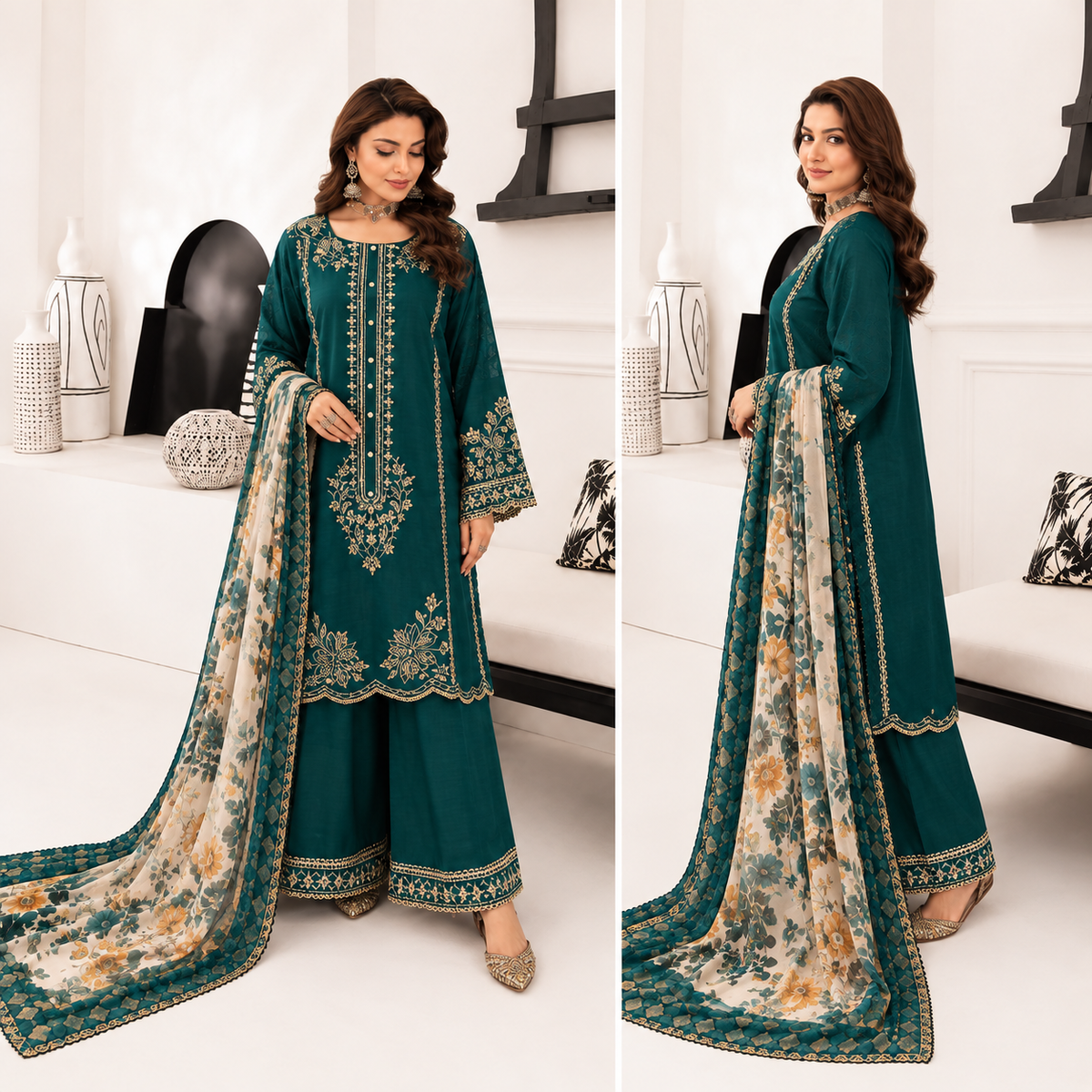 Women’s Teal Green Embroidered 3-Piece Pakistani Suit with Floral Dupatta
