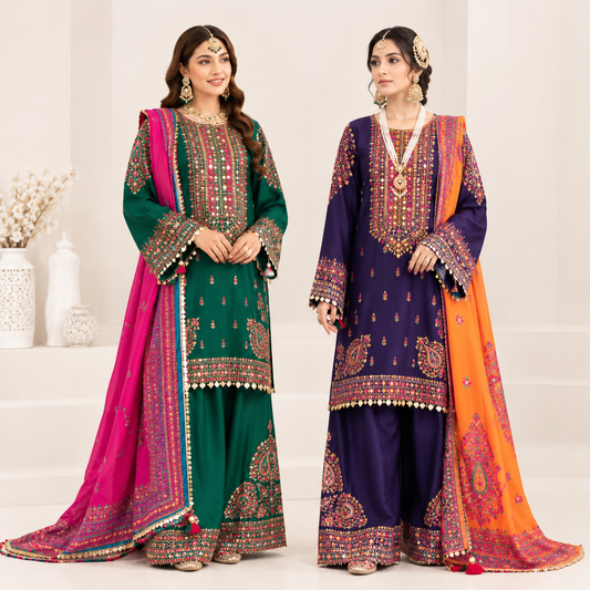 Emerald Green & Royal Purple Printed 3-Piece Lawn Suit