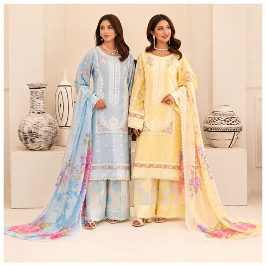 Embroidered 3-Piece Lawn Suit with Floral Dupatta