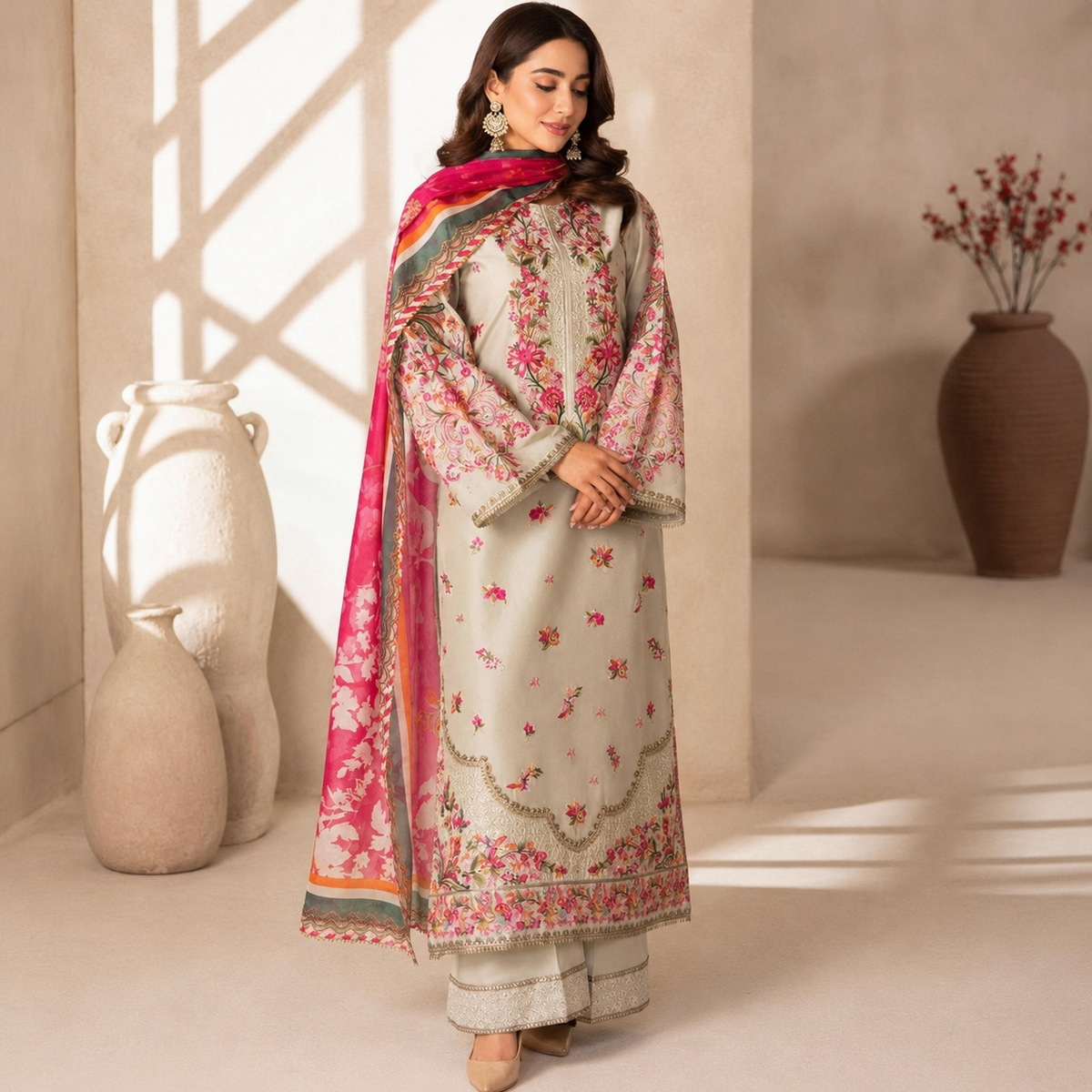 Women’s 3-Piece Printed Suit – Multicolor Floral Kameez, Trouser & Dupatta