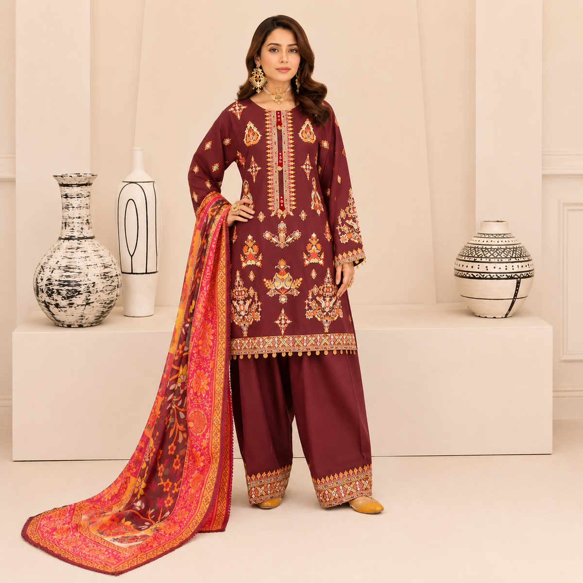 Women’s 3-Piece Embroidered Lawn Suit – Printed Shirt, Trouser & Dupatta