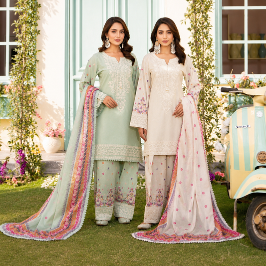 Women’s 3-Piece Printed & Embroidered Suit – Mint Green & Off-White