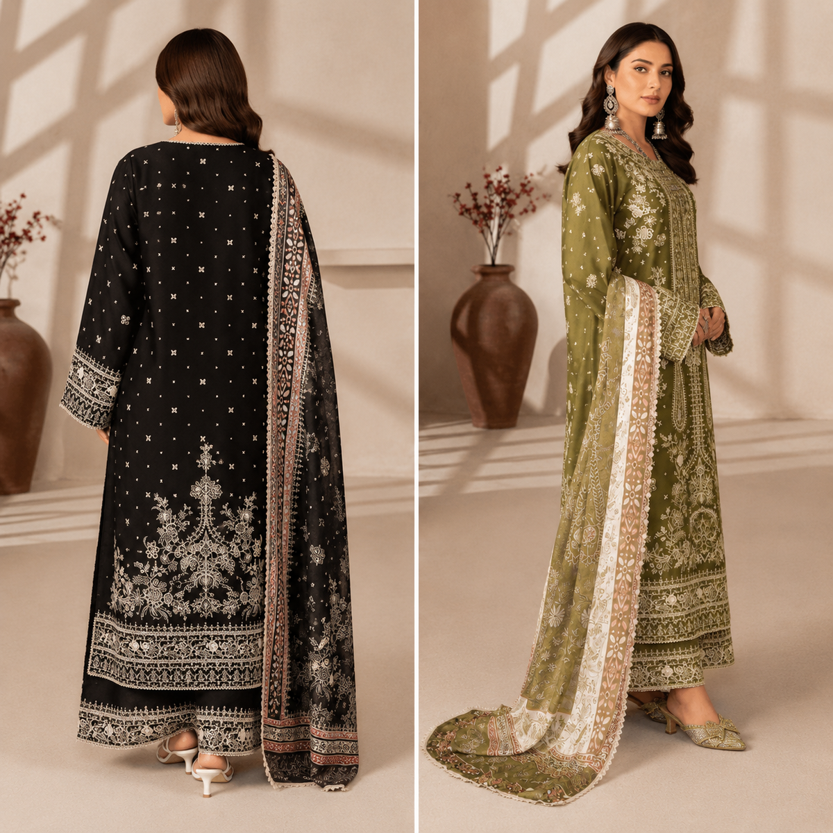 Olive Green & Black Embroidered 3-Piece Lawn Suit