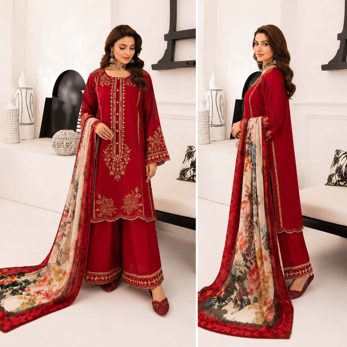 Women’s Teal Green Embroidered 3-Piece Pakistani Suit with Floral Dupatta