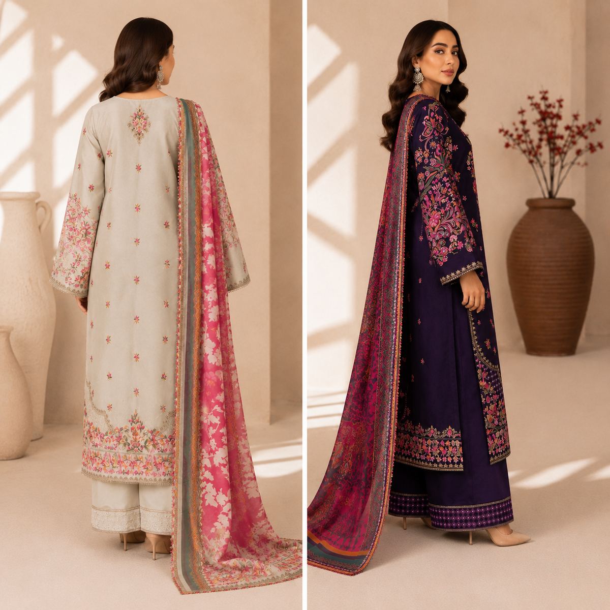 Women’s 3-Piece Printed Suit – Multicolor Floral Kameez, Trouser & Dupatta
