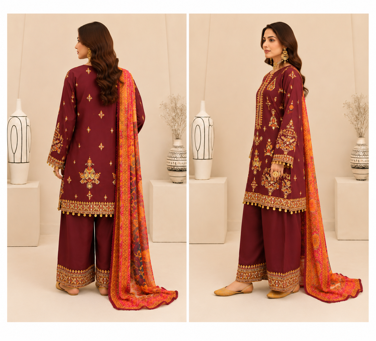 Women’s 3-Piece Embroidered Lawn Suit – Printed Shirt, Trouser & Dupatta