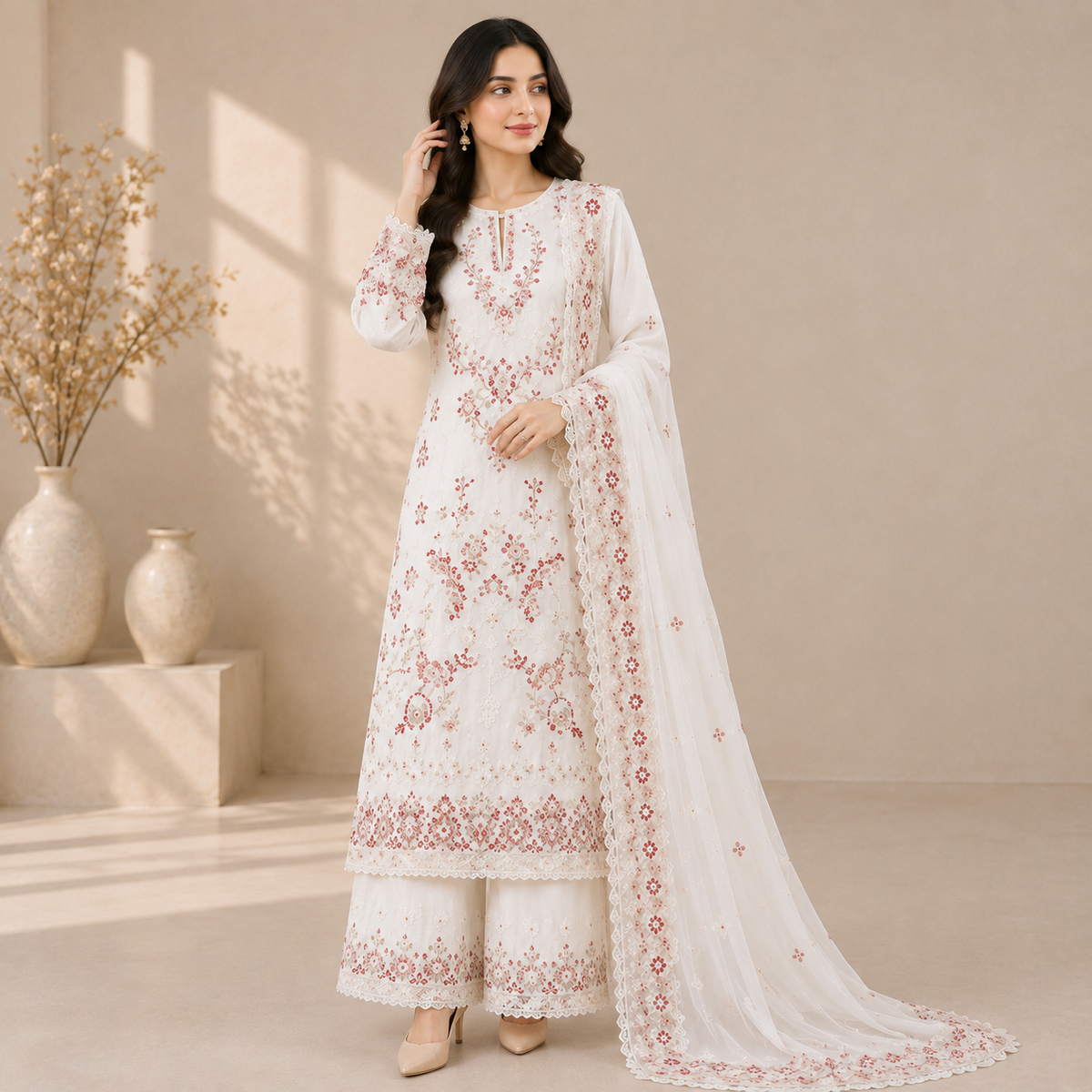 Women’s White 3-Piece Embroidered Suit – Red Floral Embroidery with Chiffon Dupatta