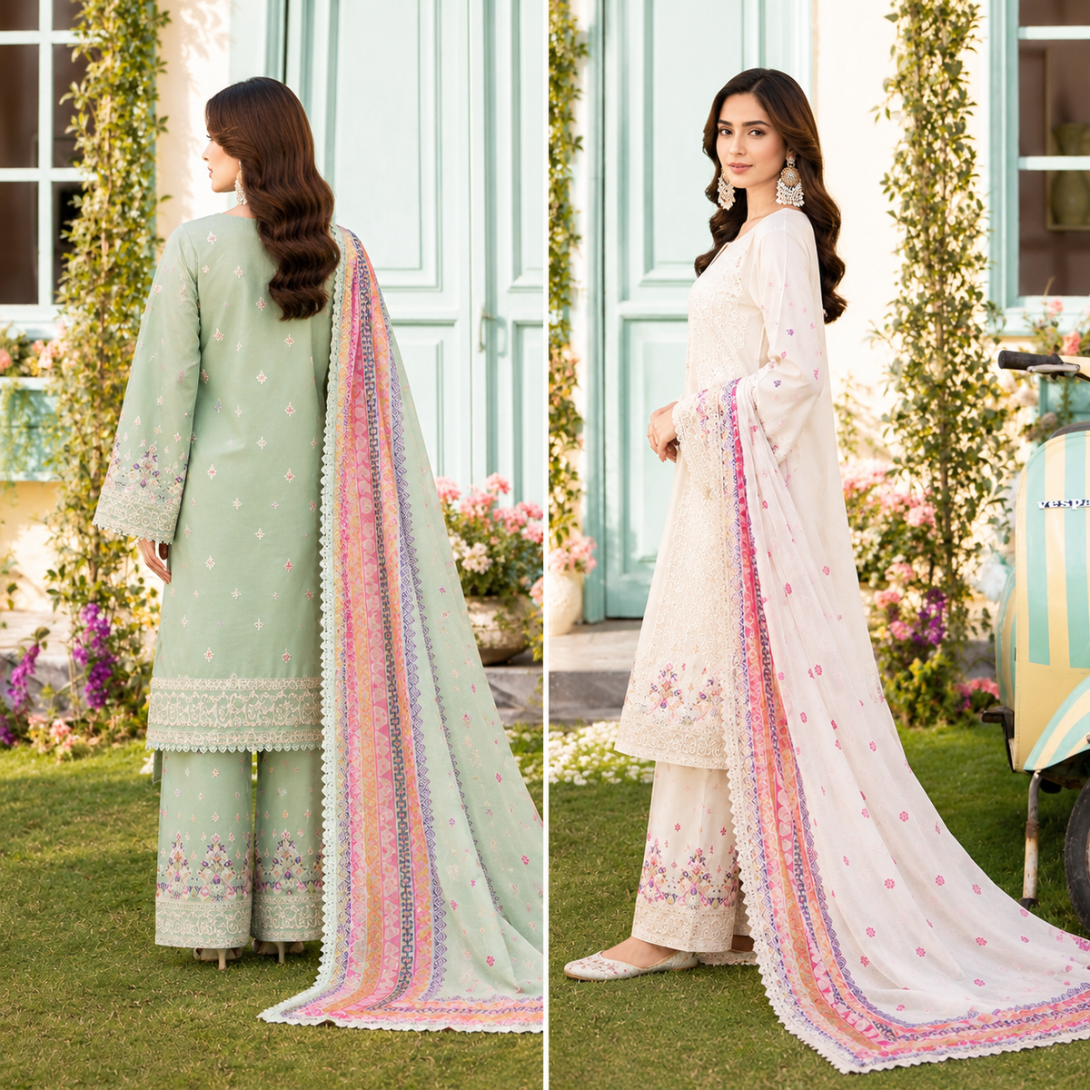 Women’s 3-Piece Printed & Embroidered Suit – Mint Green & Off-White