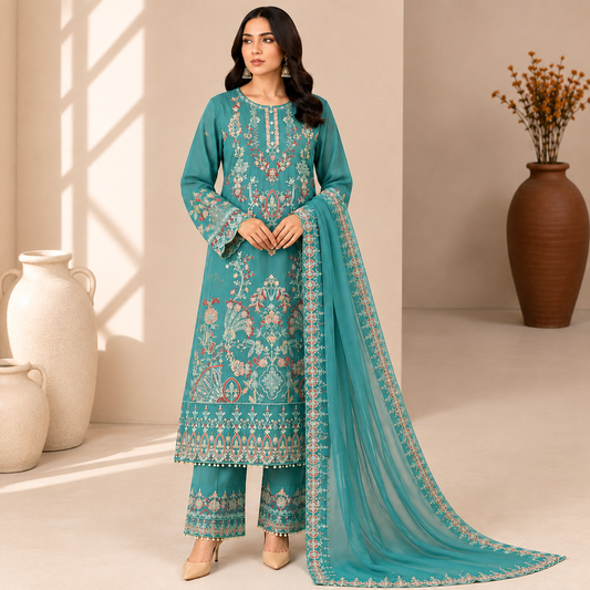 Women’s 3-Piece Embroidered Suit – Teal Blue Lawn Suit with Chiffon Dupatta